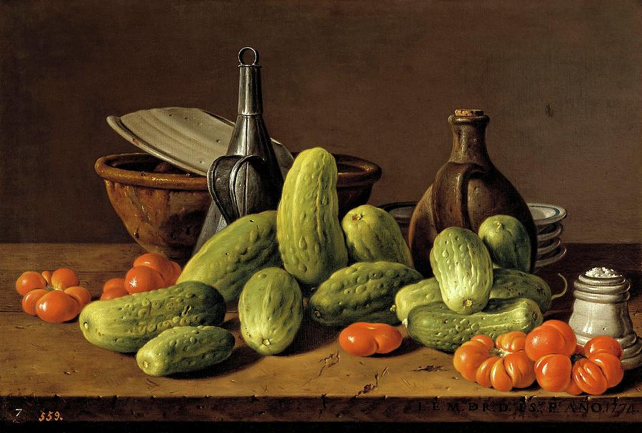 Luis Egidio Melendez / Still Life with Cucumbers, Tomatoes, and Kitchen Utensils, 1774. Painting by Luis Melendez -1716-1780-