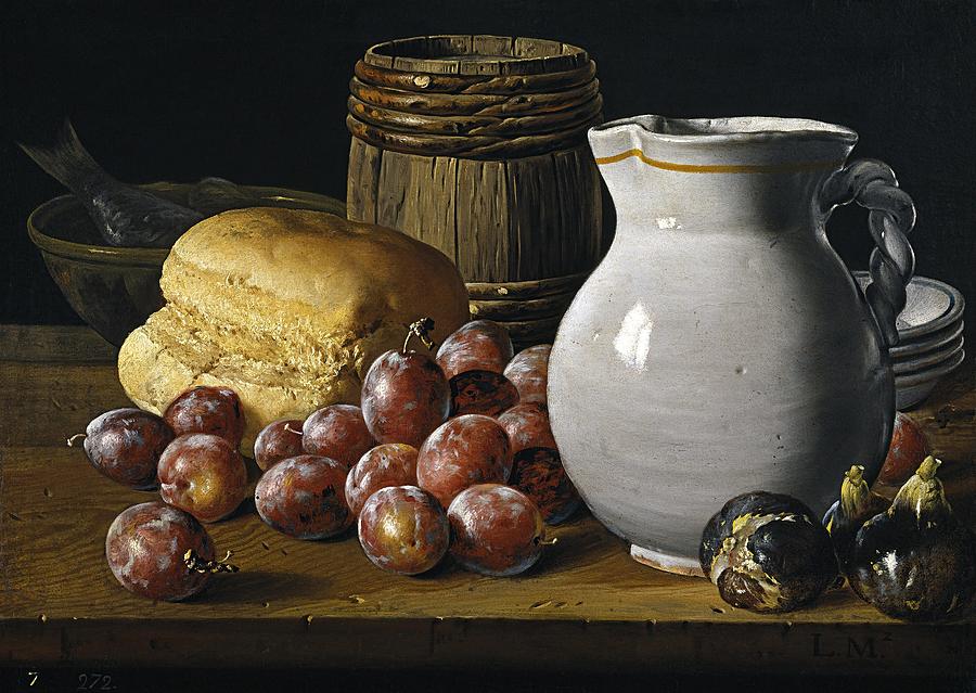 Luis Egidio Melendez / Still Life with Plums, Figs, Bread and Fish, 18th century, Spanish School. Painting by Luis Melendez -1716-1780-