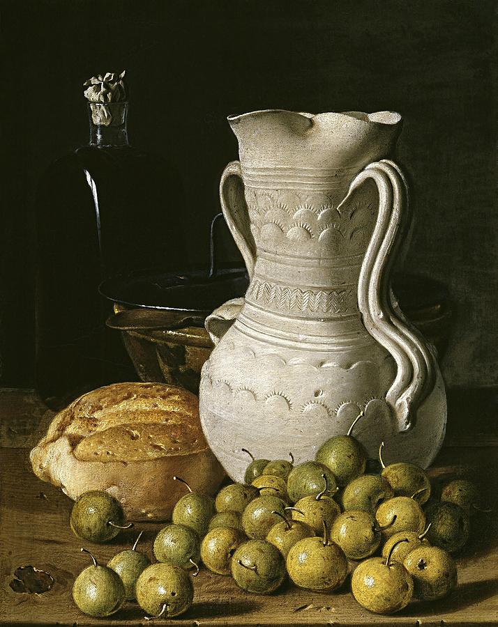 Luis Egidio Melendez Still Life with Small Pears, Bread, White Pitcher, Glass Bottle, and.., 1760. Painting by Luis Melendez -1716-1780-
