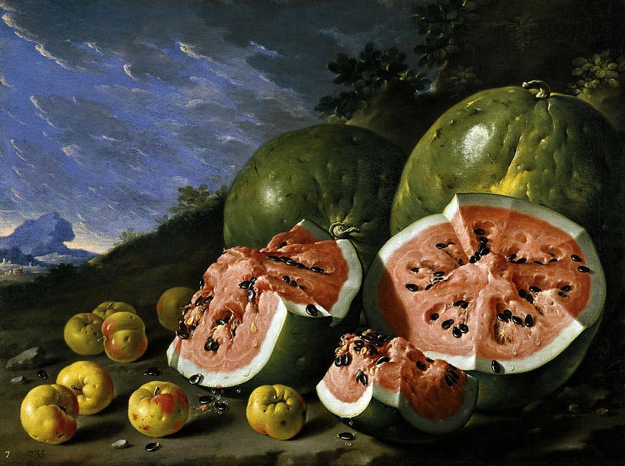 Luis Egidio Melendez Still Life with Watermelons and Apples in a Landscape, 1771, Spanish School. Painting by Luis Melendez -1716-1780-