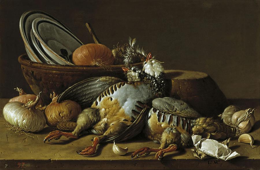 Luis Egidio Melendez Two Partridges, Onions, Garlic and Vessels,Late 18th century, Spanish School. Painting by Luis Melendez -1716-1780-