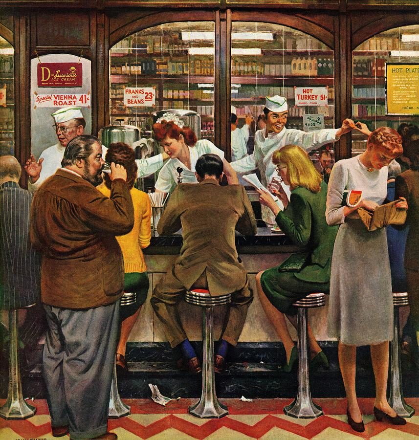 Vintage Drawing - Lunch Counter by John Falter
