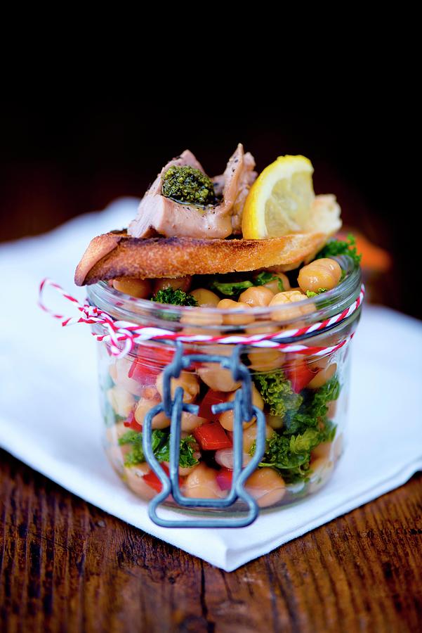 Lunch In A Glass Jar: Chickpea Salad And Crostini With Smoked Cod Liver, Pesto And Lemon Photograph by Jamie Watson