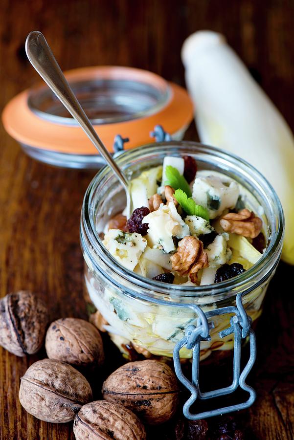 Lunch In A Glass Jar: Chicory Salad, Walnuts, Blue Cheese, Sultanas, Sherry And Walnut Oil Photograph by Jamie Watson