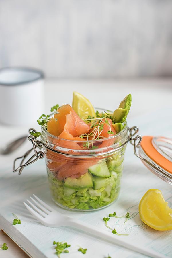 Lunch In A Jar, Green Salad With Avocado, Cucumber, Cress And Letuce With Smoked Salmon And Lemon. Photograph by Magdalena Hendey