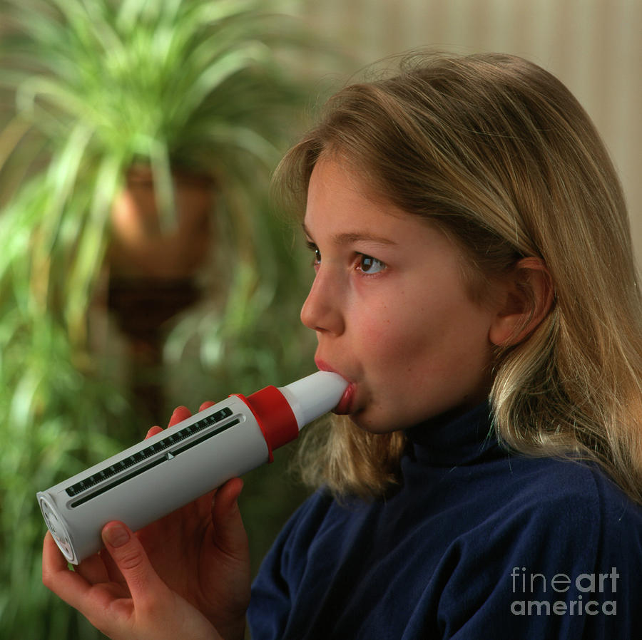 Lung Function: Girl Breathes Into Peak Flow Meter Photograph by Damien Lovegrove/science Photo Library