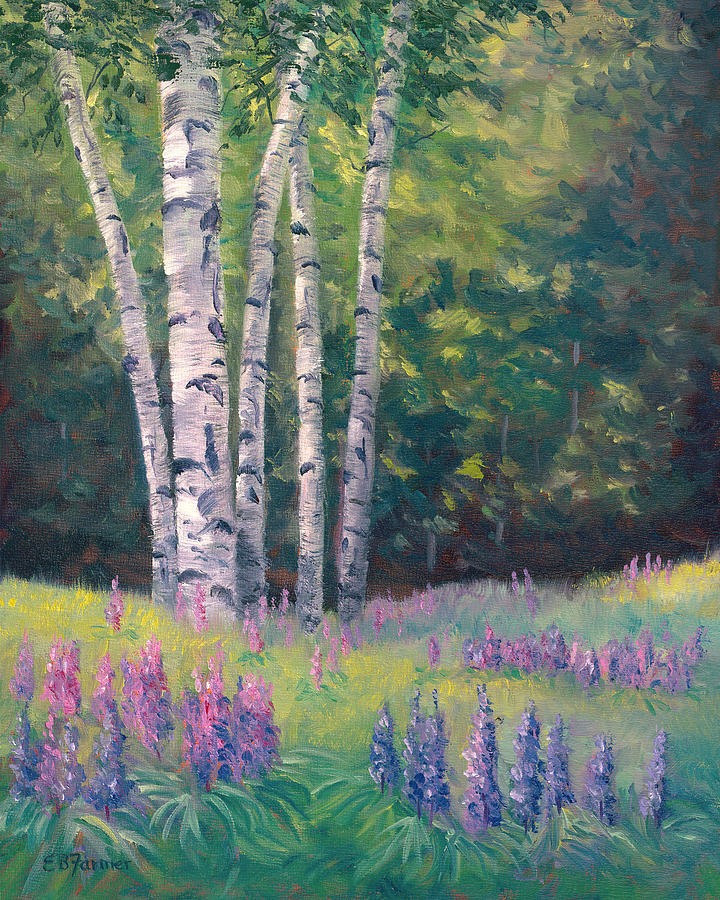 LUPINE with BIRCH in FIELD Landscape Painting by Elaine Farmer