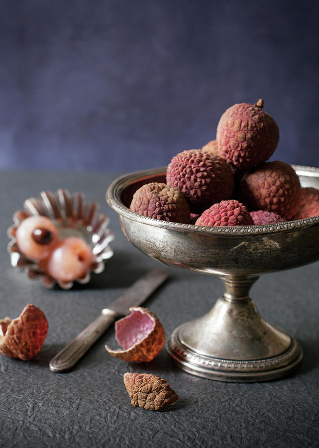 Lychees, Piled In A Silver Bowl Photograph by Katharine Pollak