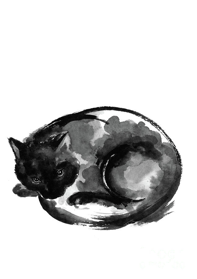 Black And White Painting - Black Cat Painting, Small Cat Painting, Lucky Cat Poster, Japanese Cat Painting, Zen Cat Artwork by Mariusz Szmerdt