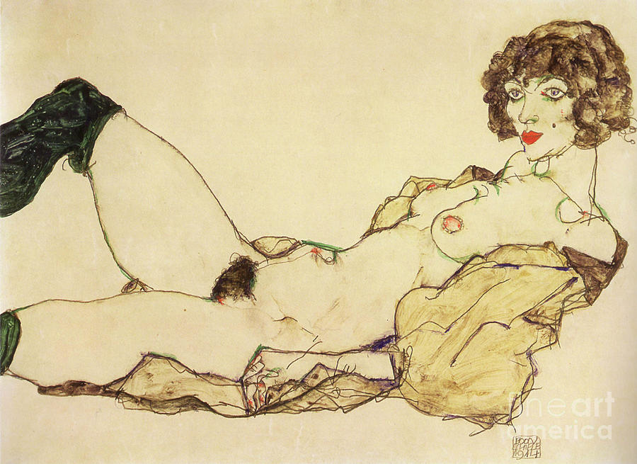 Lying Nude With Green Stockings Drawing by Heritage Images