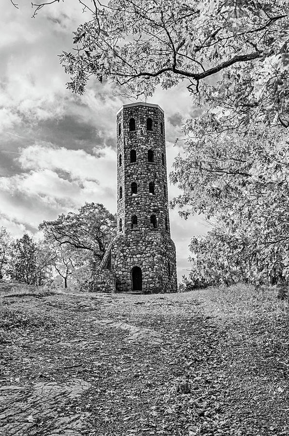 Lynn Woods Stone Tower Fall Foliage Lynn Massachusetts Sunrise Black and White Photograph by Toby McGuire