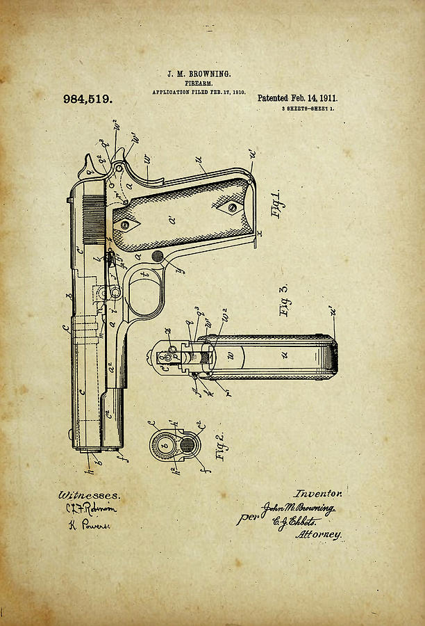  M1911 Browning Pistol Patent Digital Art by Pheasant Run Gallery