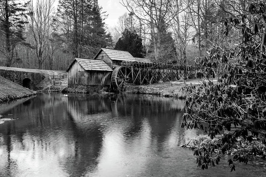 Black And White Photograph - Mabry Mill Landscape Along the Virginia Blue Ridge Parkway - Black and White by Gregory Ballos