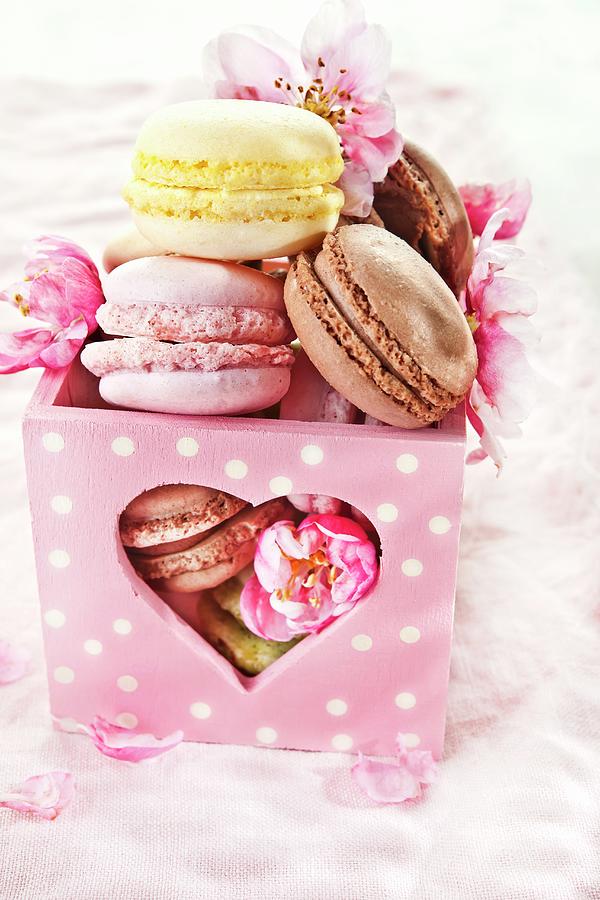 Macaroons In A Heart-shaped Box With Apple Blossoms Photograph by Atelier Hmmerle
