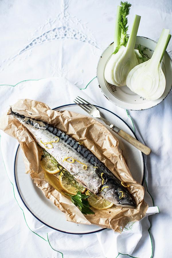 Mackerel En Papillote With Fennel And Lemons Photograph by Helen Cathcart