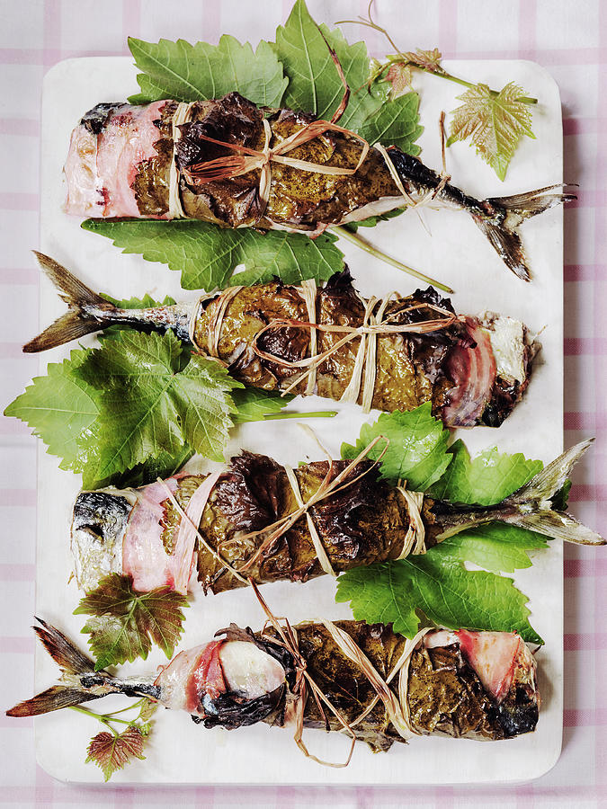 Mackerel Roasted In Vine Leaves And Pancetta Photograph by Michael Paul