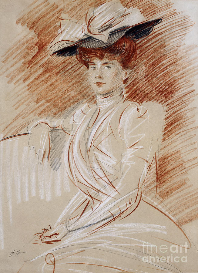 Madame Helleu Au Chapeau, Pencil And Coloured Chalks On Paper Painting by Paul Cesar Helleu