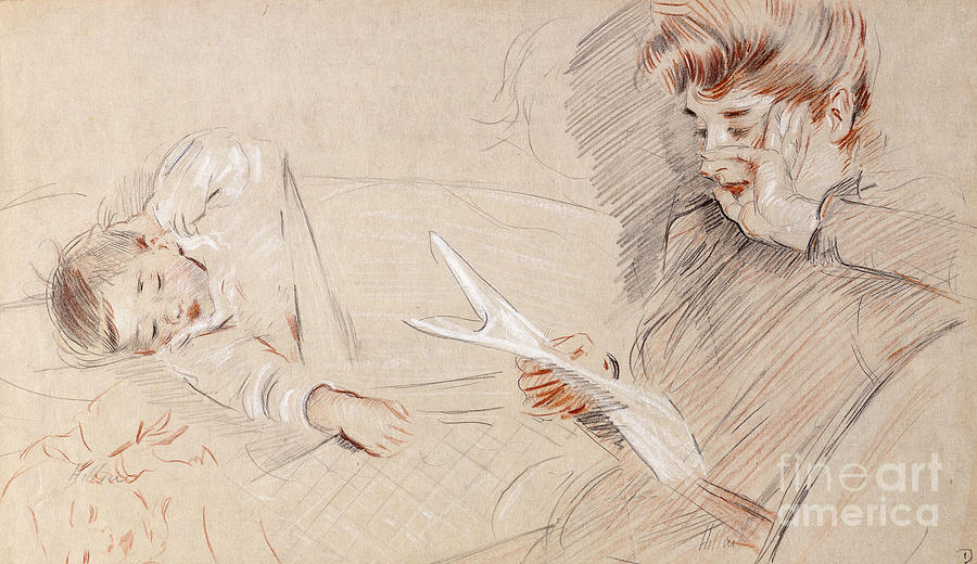 Madame Helleu Reading, With Paulette Lying Beside Her On A Sofa Painting by Paul Cesar Helleu