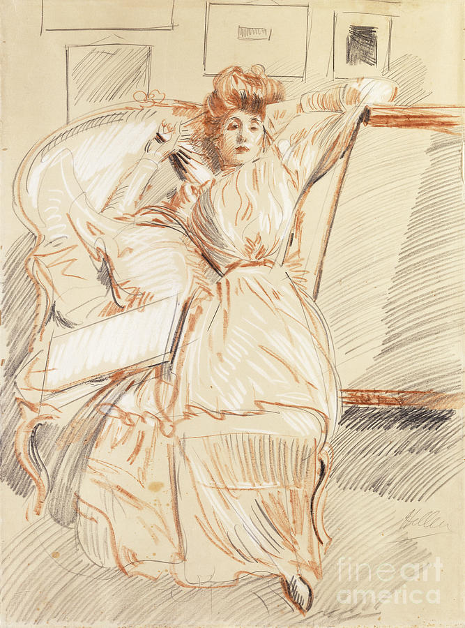 Madame Helleu Resting, Red And White Chalks On Paper Painting by Paul Cesar Helleu