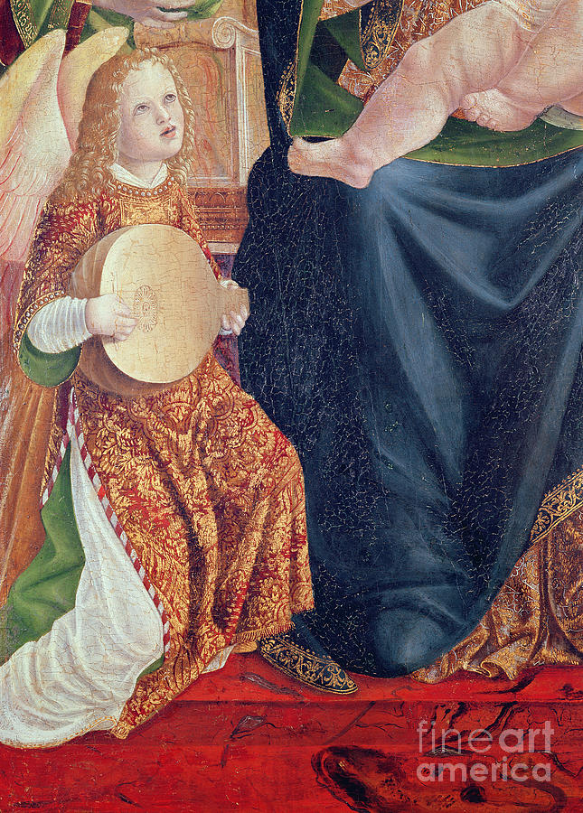 Madonna And Child With Angel Musicians, Detail Of An Angel Playing The Lute, C.1490-1500 Painting by Lombard School