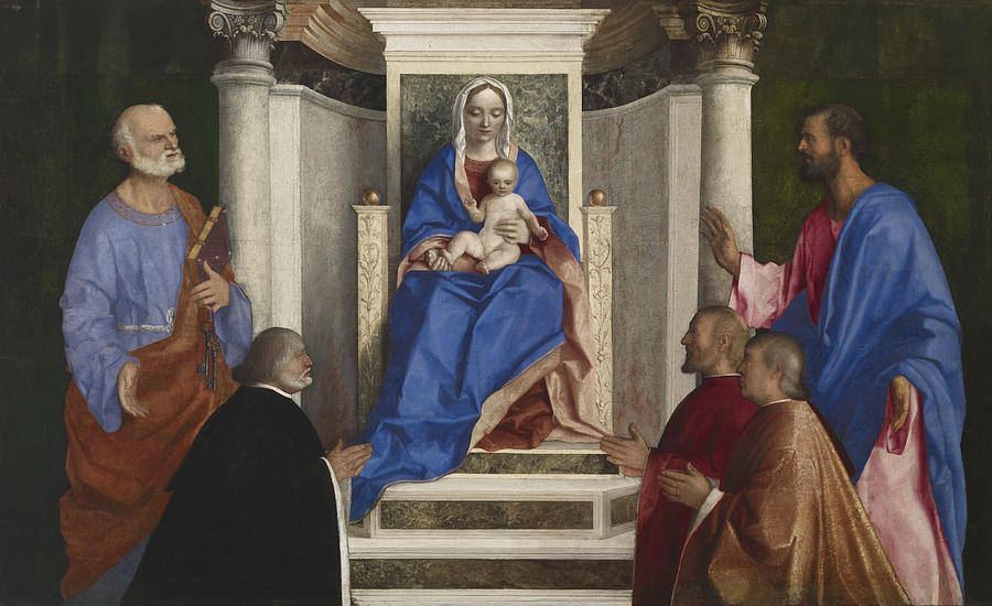 Madonna and Child with Saints Peter and Mark and Three Venetian Procurators Painting by Giovanni Bellini