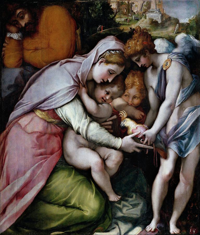 Madonna and Child with two Angels, ca. 1543, Italian School, Oil on panel, 1... Painting by Francesco Salviati -1510-1563-