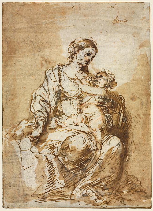 Madonna Nursing the Christ Child, c. 1670, Pen and ink, 24,1 x 18,5... Painting by Bartolome Esteban Murillo -1611-1682-