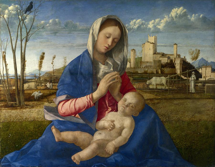 Giovanni Bellini Painting - Madonna of the Meadow. Oil on canvas, transferred from wood, 1505. 67,3 x 86,4 cm. GIOVANNI BELLINI. by Giovanni Bellini -1430-1516-