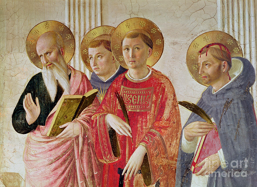 Madonna Of The Shadow, Detail Of Saints John The Evangelist, Thomas Aquinas, Lawrence And Peter Martyr, From The First Floor Corridor Painting by Fra Angelico