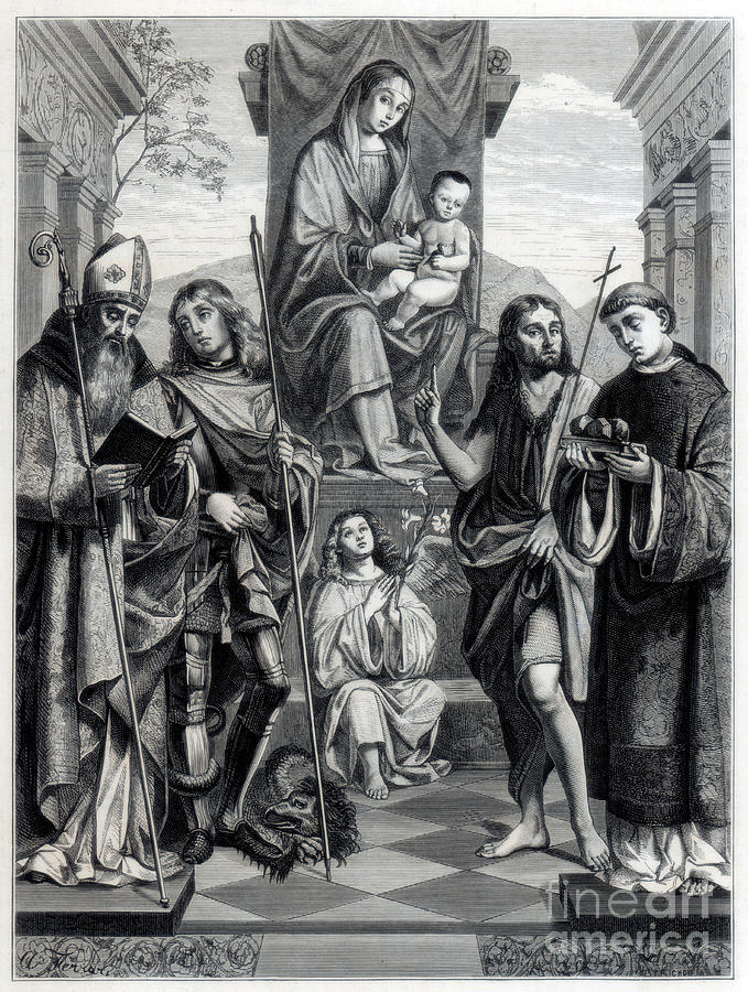 Madonna Seated On A Throne Surrounded Drawing by Print Collector