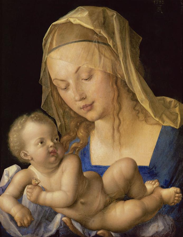 Madonna with the Pear. Child is holding a slice of a pear. Painting by Albrecht Durer -1471-1528-