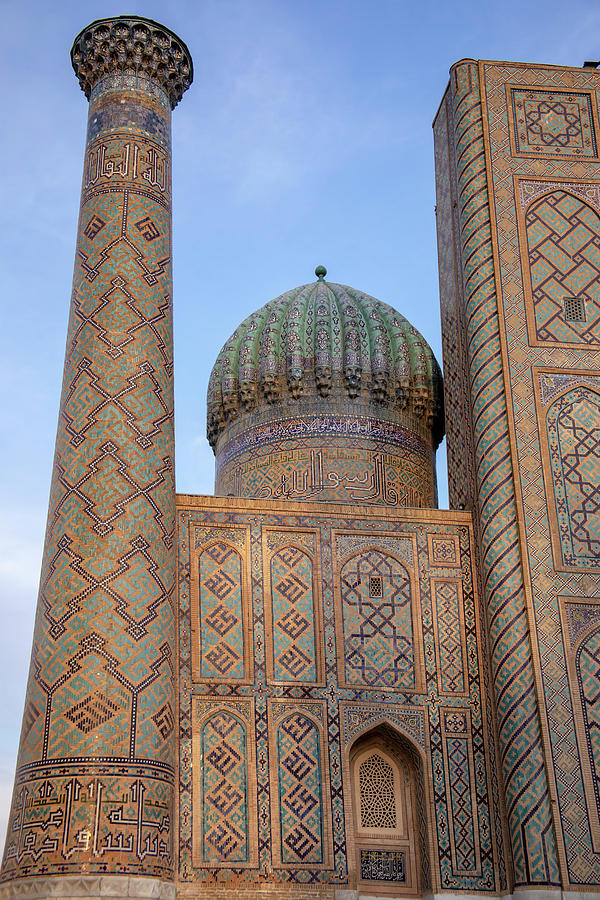 Madrasa minaret, The Registan, Samarkand, Uzbekistan Photograph by Karen Foley