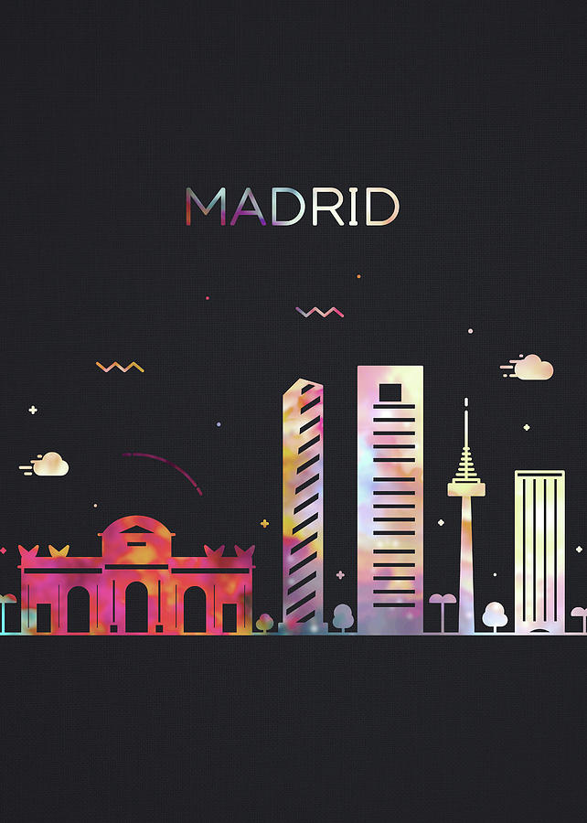 Madrid Spain City Skyline Whimsical Fun Tall Dark Series Mixed Media by ...