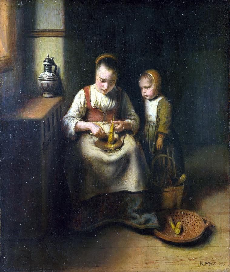 Maes, Nicolaes - A Woman Scraping Parsnips, With A Child Standing By Her Painting