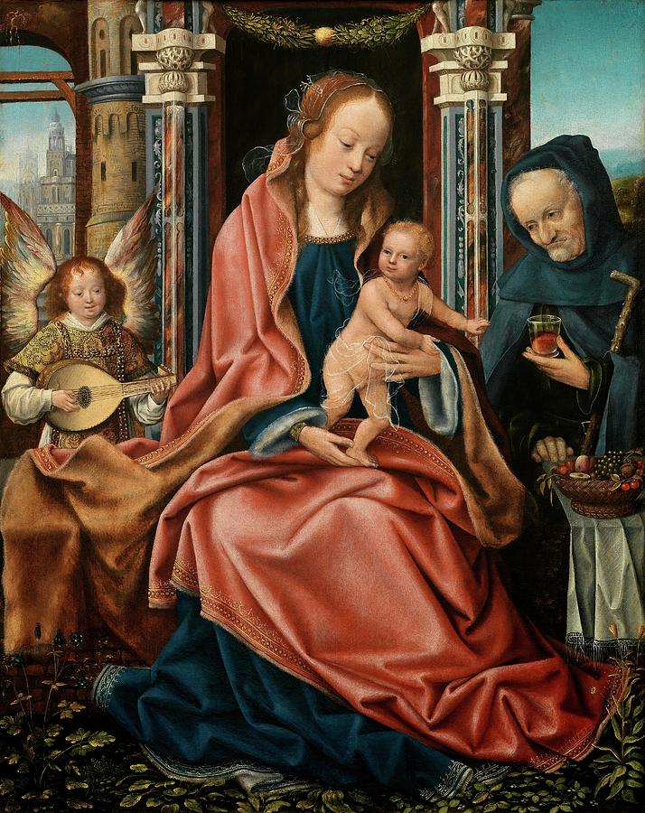 Maestro de Francfort / The Holy Family with an Angel Musician, 1510-1520, Flemish School. Painting by Master of Frankfurt -c 1460-c 1520-