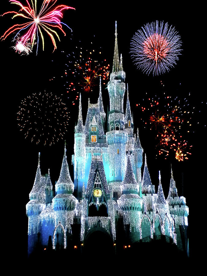 Castle Photograph - Magic Kingdom Castle In Frosty Light Blue with Fireworks 06 by Thomas Woolworth