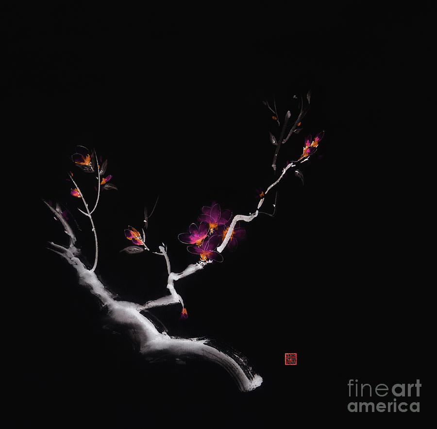 Magical Black Sumi E Design Of A Sakura Branch With Glowing Brig