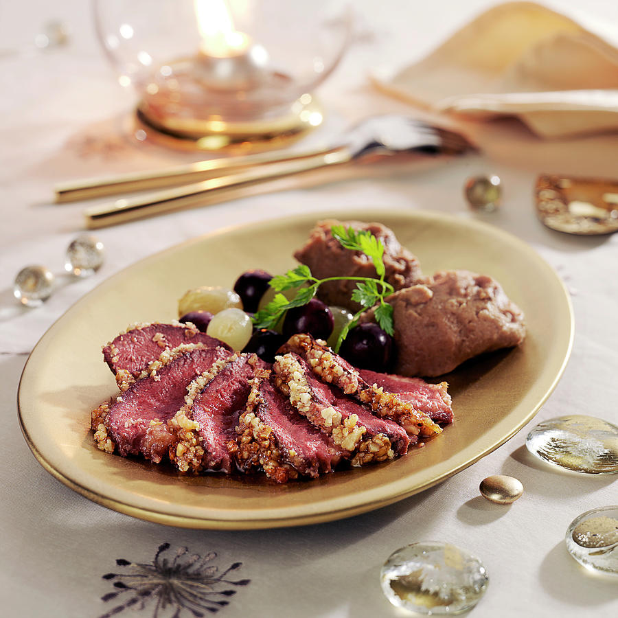 Magrets De Canard In Walnut Crust, Grapes And Chestnut Puree Photograph by Bertram