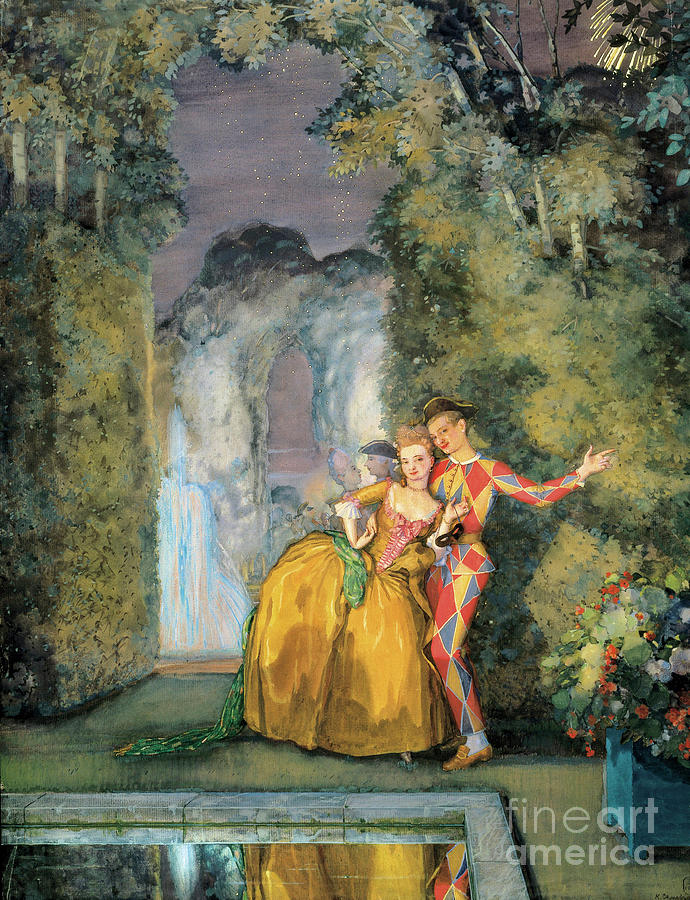 Maid With Harlequin, C. 1900 Painting by Konstantin Andreevic Somov