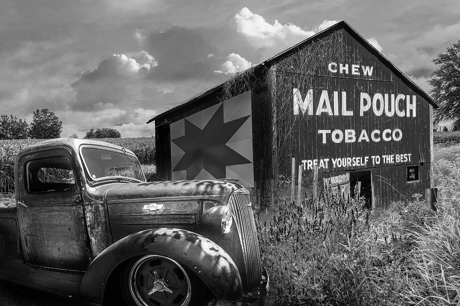 Mail Pouch Tobacco Barn and Vintage Chevy Truck in Black and Whi Photograph by Debra and Dave Vanderlaan