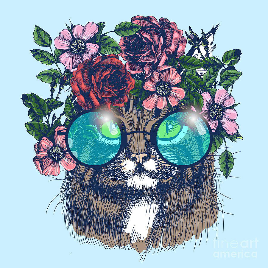 Symbol Digital Art - Maine Coon Cat Portrait With Floral by Moopsi Symbol Digital Art - Maine Coon Cat Portrait With Floral by Moopsi