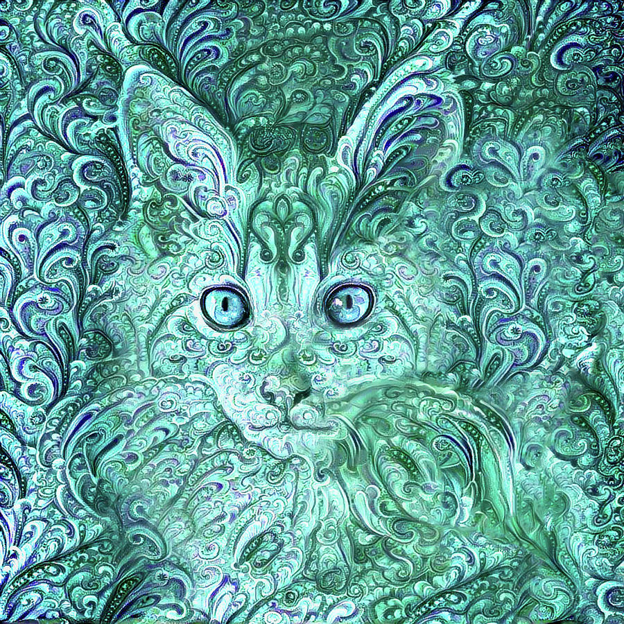 Maine Coon Kitten in Blue Green Paisley Digital Art by Peggy Collins
