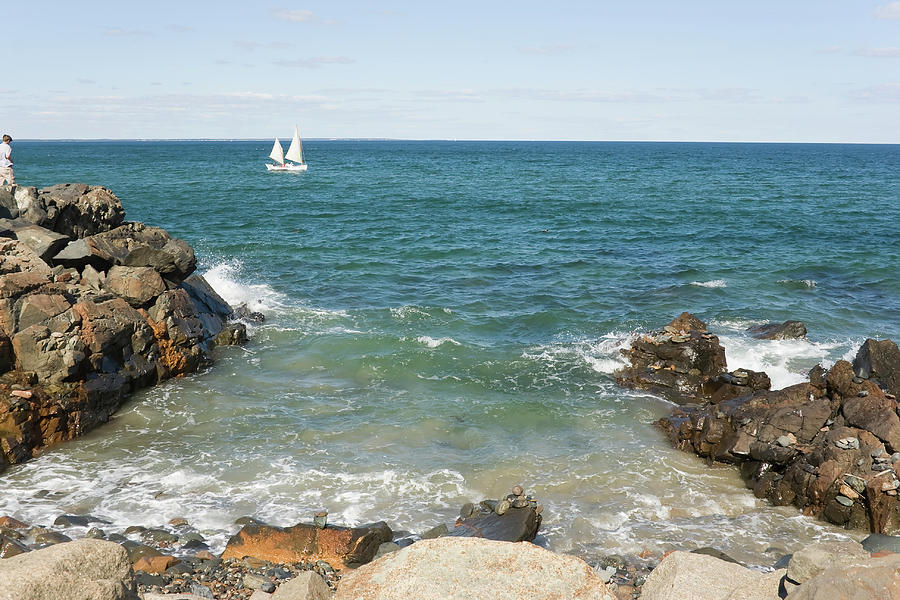 Maine Shoreline With Sailboat Photograph by Stevenfoley