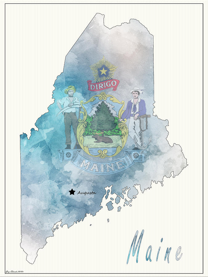 Maine Watercolor Map Style 2 Painting by Greg Edwards