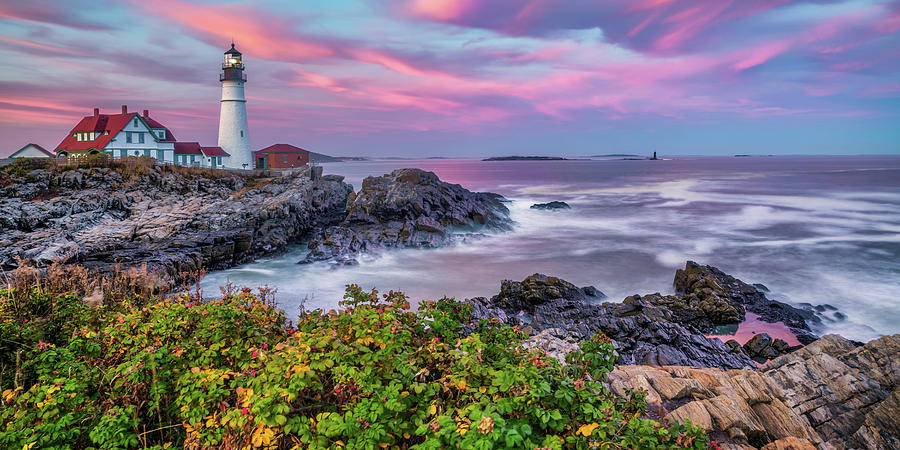 America Photograph - Maines Portland Head Light - Cape Elizabeth Sunset Panorama by Gregory Ballos