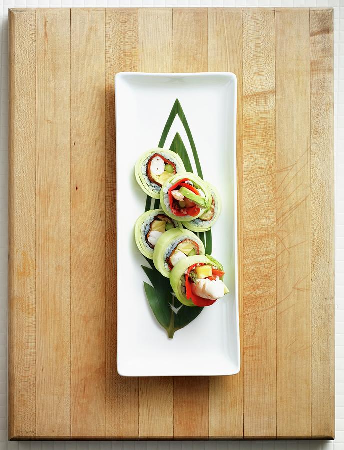 Maki With Prawns, Asparagus, Pineapple, Avocado, Red Pepper And Cucumber japan Photograph by Clinton Hussey