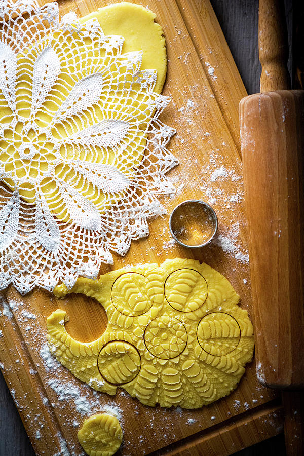 Making Lemon Biscuits With A Lace Doily Photograph by Sandra Krimshandl-tauscher