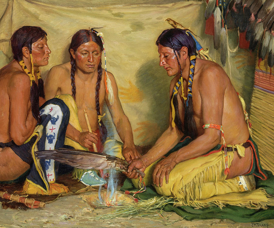 Crow Painting - Making Sweet Grass Medicine, Blackfoot Ceremony, 1920 by Joseph Henry Sharp