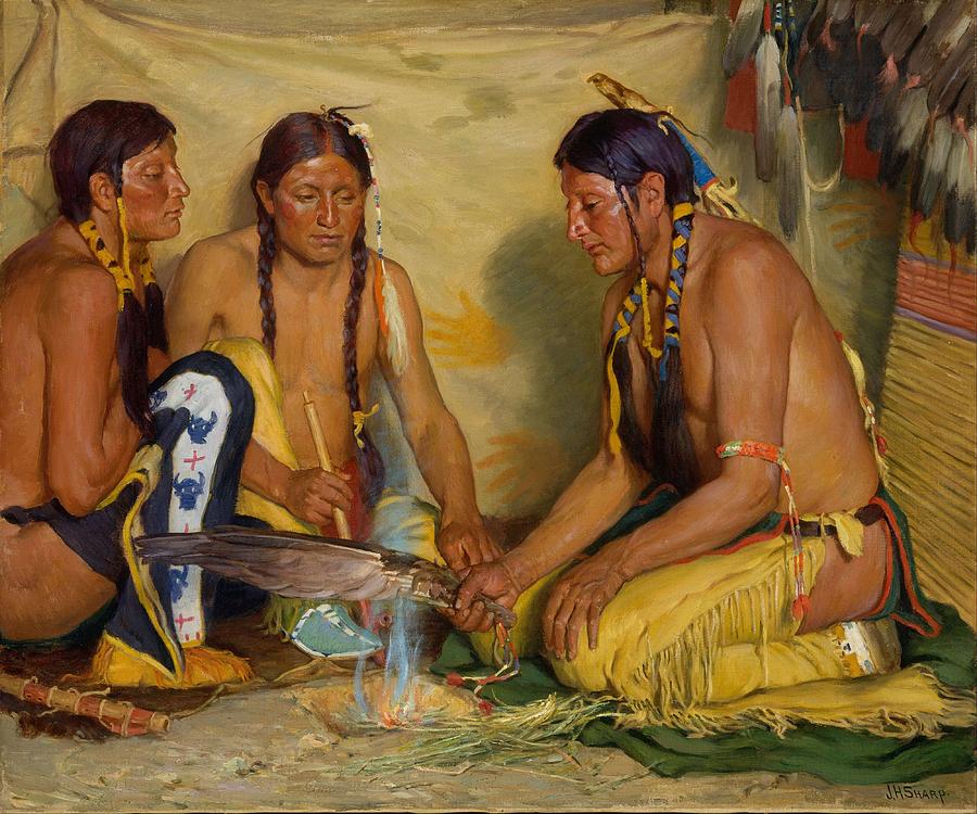 Making Sweet Grass Medicine, Blackfoot Ceremony by Joseph Henry Sharp, circa 1920. Painting by Celestial Images