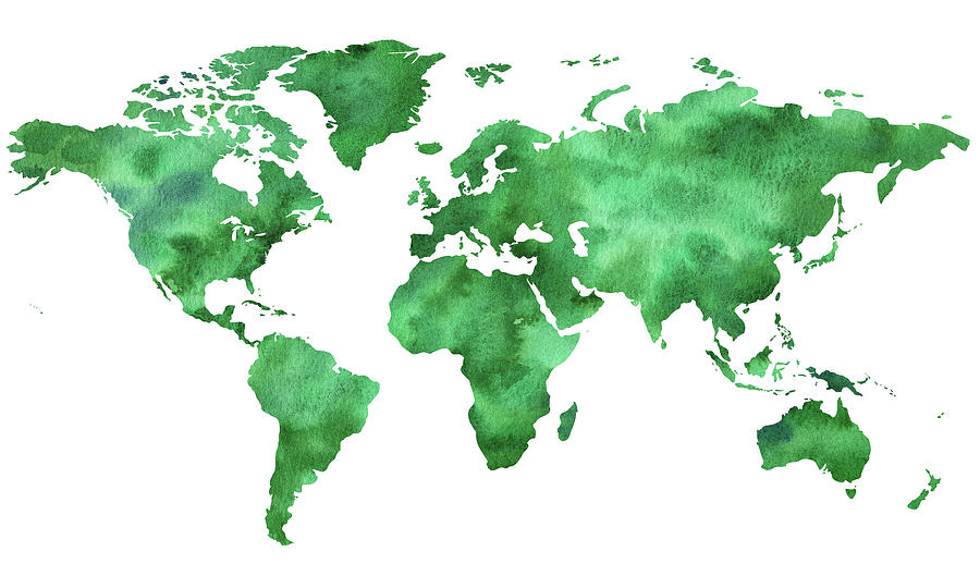 Making World Green Watercolor Map Painting by Irina Sztukowski